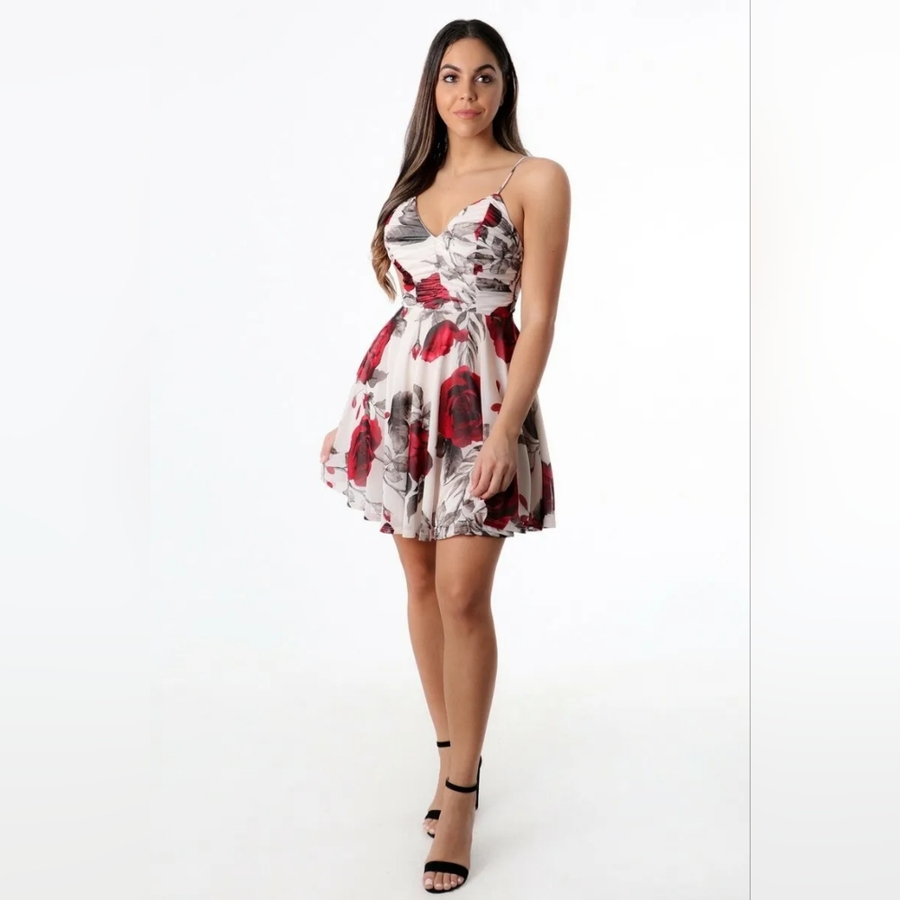 Kimcine Curve Fit And Flare Rose Print Dress